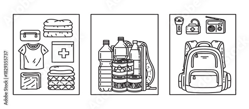 Black and white line art illustration of essential items for an emergency preparedness kit, including clothing, food, water, and survival tools.