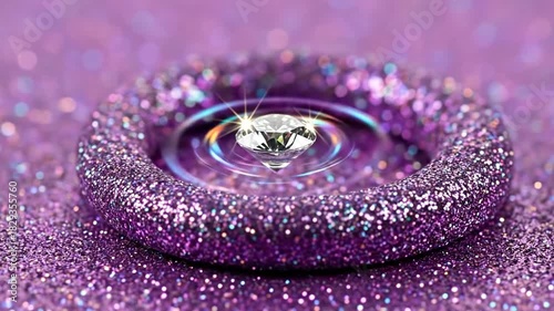 Sparkling Diamond Gemstone Displayed Within a Shimmering Glittery Purple Circle and Background