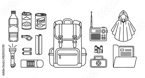 Essential emergency preparedness kit items including food, water, first aid, and communication tools.