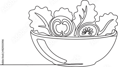 Simple continuous line drawing of a fresh salad in a bowl with lettuce and tomatoes