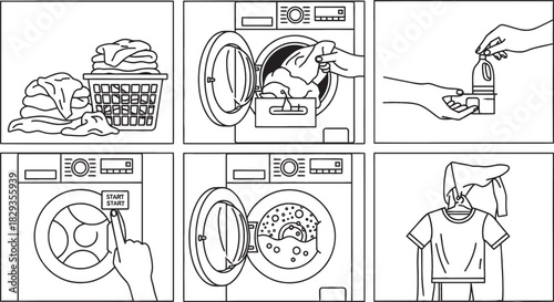 Step-by-step guide on how to do laundry using a washing machine, from dirty clothes to drying.