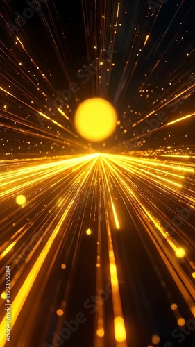 Abstract Golden Light Trails Streaking Through Dark Space Towards Bright Orb With Glowing Particles Effect