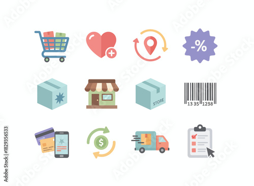 ecommerce vector icon set, flat colorful style, consistent rounded corners, includes: cart, wishlist heart, order tracking, discount tag, store, product box, barcode, payment methods, delivery truck, 