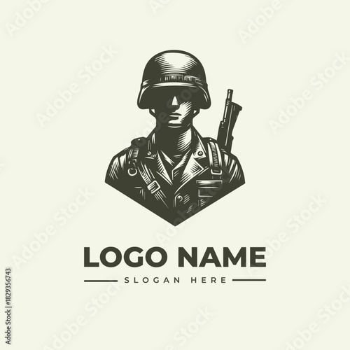 Vector Engraving Illustration Logo of a Soldier with Rifle | Military Emblem for Design