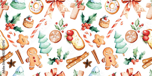 Watercolor Christmas: holly leaves, pinecone, gingerbread, sweets, biscuit, gingerbread man, Christmas tree, snowflake, anise, holly, candy cane seamless pattern background fabric repeated wallpaper