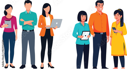 Diverse multicultural team of professionals holding laptops tablets and smartphones.