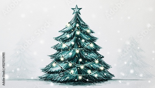 Festive Christmas Tree Illustration with Sparkling Lights and Star.
