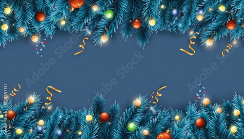 Festive Christmas Decoration with Blue Pine Branches and Ornaments.