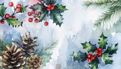 Watercolor Christmas Holiday Decoration with Holly Berries and Pine Cones.