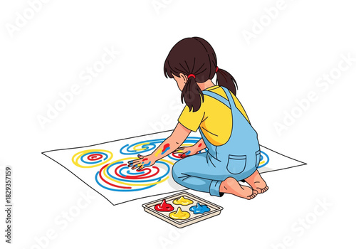 Young girl finger painting colorful spiral patterns on paper. Perfect for childrens art projects or educational materials. Suitable for advertising or schoolrelated designs.