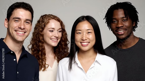 Four Diverse Friends Smiling Together in Studio Portrait with Soft Lighting