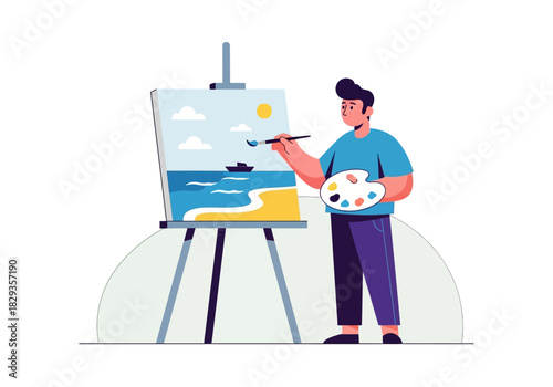 Man painting seaside landscape with boat and sun on canvas suitable for art classes, beachthemed designs, coastal decor, and painting inspiration.