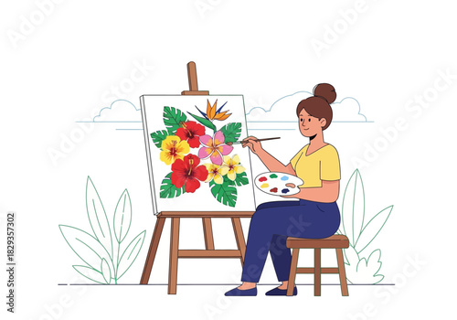 Woman creates vibrant floral artwork in the open air for art enthusiasts and creative inspiration. Suitable for artistic backgrounds and lifestyle blogs.