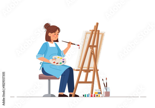 Creative woman painting on canvas with confidence, using an easel for support. Suitable for art, creativity, painting, artistthemed projects.