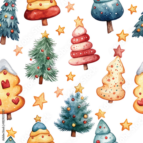 Watercolor Christmas pine fir trees seamless pattern background fabric repeated tile wallpaper or greeting cards design