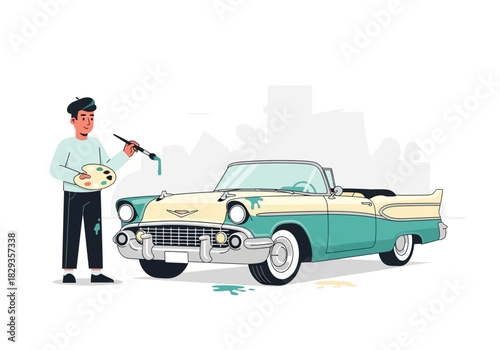 Man painting a classic car, suitable for automotive advertising, retrothemed designs, vintage car enthusiasts, automobile restoration businesses, and car painting services.