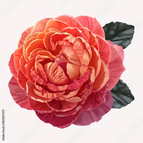 Realistic drawing of a single orange rose and leaves on a white background.