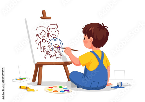 Young boy painting family portrait on canvas, suitable for illustrating creativity, family, art, childhood, painting, and selfexpression concepts.