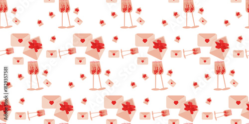 A seamless pattern of love letters and champagne glasses. Family, Love, and Fidelity Day. Can be used as a pattern for holiday decor or packaging.