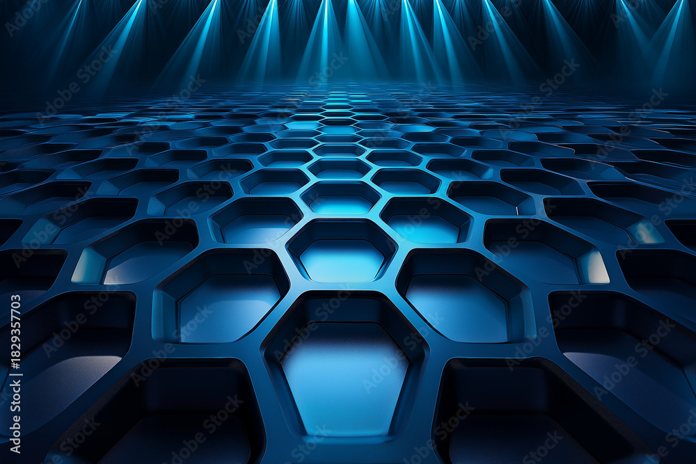 Fototapeta premium A highly detailed vector rendering of an abstract, futuristic honeycomb, hexagonal metallic structure with subtle chrome reflections and cool blue spotlights