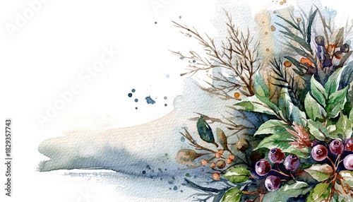Watercolor floral arrangement with berries and leaves, artistic botanical illustration.