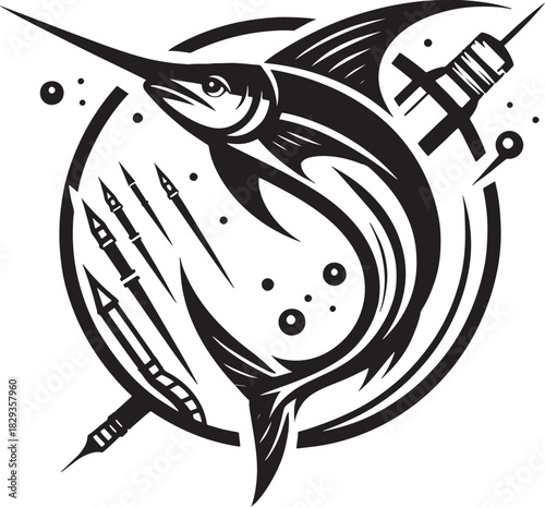Marlin fish and tattoo on a white background. Vector illustration