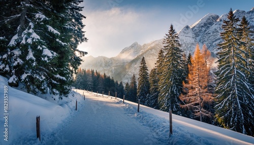 Snowy Mountain Landscape with Evergreen Trees and Road.