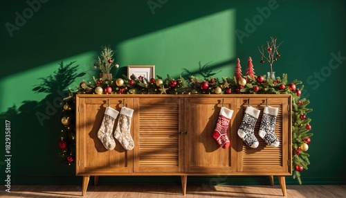 Festive Christmas Cabinet with Stockings and Decorations.