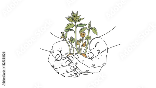 Conceptual line art illustration of human hands gently nurturing a young green sprout, symbolizing growth, new life, and environmental care