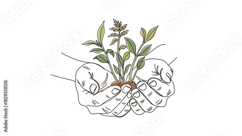 Hands nurturing a sprout Symbol of growth, care, and the environment. A simple illustration