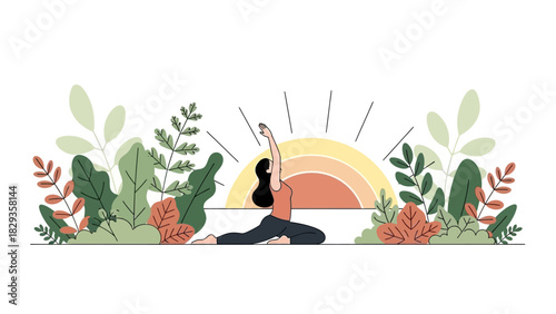 Woman Practicing Yoga in Nature Illustration with Sun, Plants, and Serene Environment for Wellness
