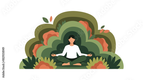 Vector art of a serene woman practicing yoga and meditation for mental wellness, finding inner peace in nature
