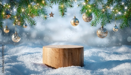 Christmas Holiday Scene with Wooden Podium and Ornaments.