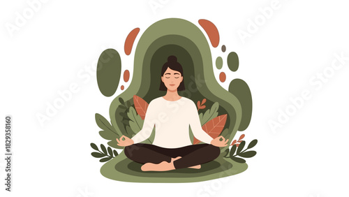 Serene Meditation Illustration Woman in Lotus Pose Surrounded by Nature
