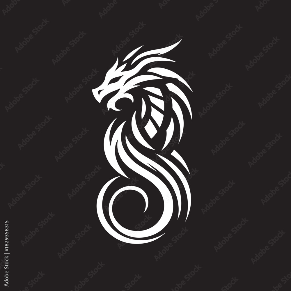 Obraz premium Dragon head vector logo template on black background. Mythical animal symbol.