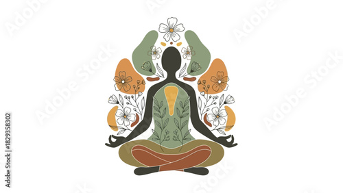 Meditating Human Figure Surrounded by Floral Elements, Symbolizing Peace and Harmony