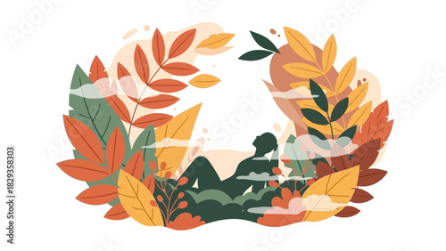 Peaceful person relaxing amidst vibrant autumn foliage, finding serenity and well-being in nature's colorful embrace, a tranquil seasonal escape illustration