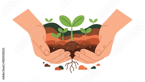 Hands gently cupping soil with young plants sprouting, symbolizing growth and nurturing of new life and the environment