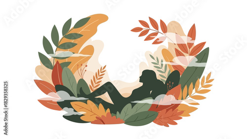 A woman's silhouette rests peacefully within a vibrant frame of abstract leaves and foliage, symbolizing harmony with nature and self-care