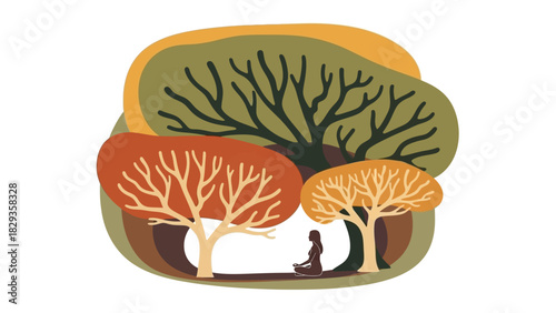 Meditation in Nature A Tranquil Illustration of Trees and Serenity