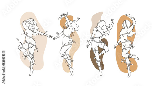Stylized Line Art Depicting Dancing Figures with Nature-Inspired Ornamentation on Neutral Backdrops