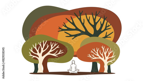 Illustration of a person meditating peacefully under colorful autumn trees, symbolizing wellness, nature connection, and spiritual balance