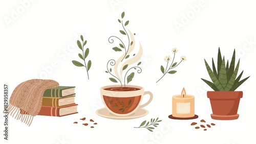 Cozy autumn reading nook with a steaming cup of tea, a stack of books, and a potted plant, evoking a sense of relaxation and warmth