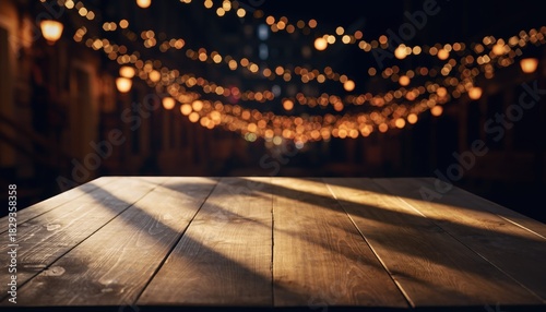 Wooden Table with String Lights in a Dark Setting.