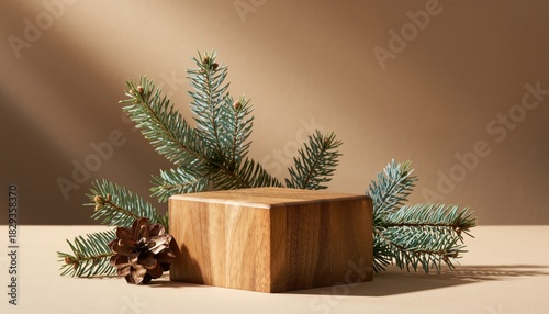 Wooden Block Display with Pine Needles and Pine Cone.