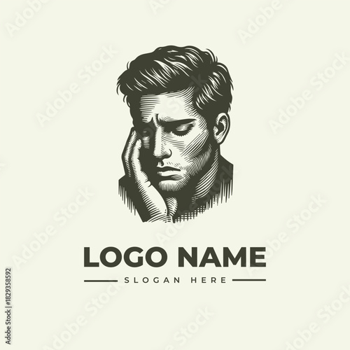 Vector illustration logo engraving of a pensive man, perfect for branding