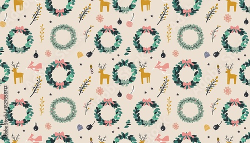Festive Christmas Pattern with Wreaths, Reindeer, and Ornaments.