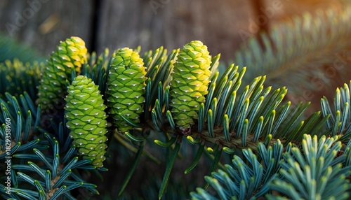 Close-up of vibrant green pine cones on a branch with needles.