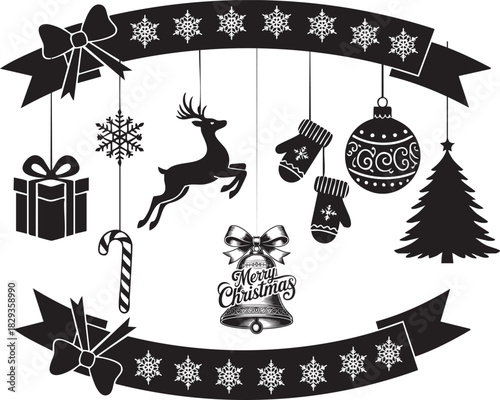 Christmas Garland and Banners Silhouette Set

Holiday Hanging Decorations Vector Bundle with Reindeer and Ornaments

Black and White Festive Banner with Winter Elements