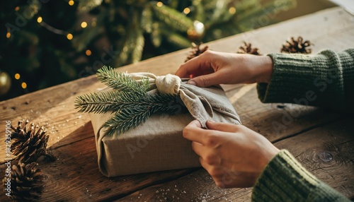 Christmas Gift Wrapping with Natural Materials and Decorations.